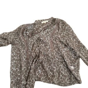 Ruffle Front Floral Print Blouse - Brown